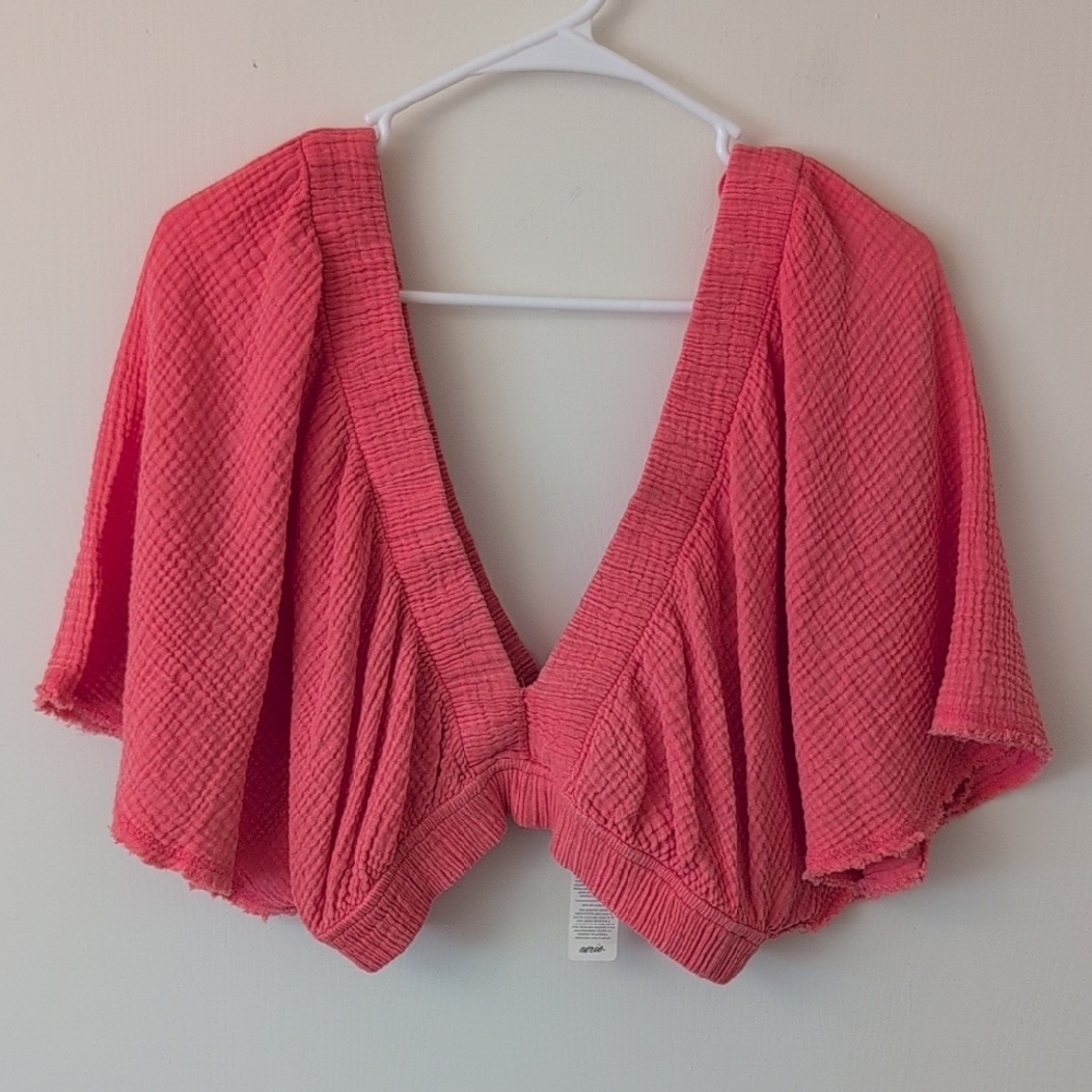 Aerie Womens Medium Gauzy Crop Top Pink NWT 100% Cotton Vacation Beach Coastal
